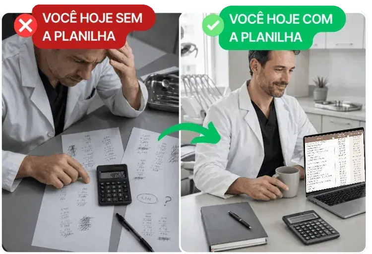 Antes e depois: dentista estressado fazendo conta de cabeça versus dentista tranquilo usando a Planilha do Dentista