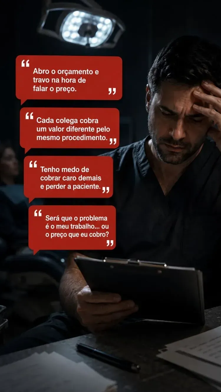Dentista estressado segurando uma prancheta com orçamento, cercado de balões com pensamentos sobre insegurança na hora de cobrar